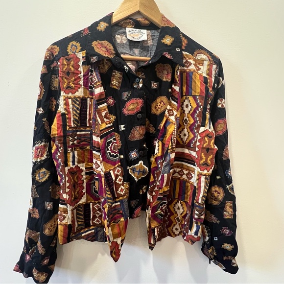 ✅5/$25 Fritz & Floyd Black Blazer tribal Artistic 90s vintage blouse faux vest - Picture 1 of 10